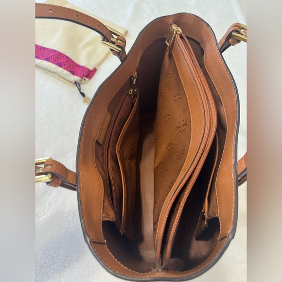 Tory Burch Emerson Small Buckle Tote Saffiano Leather Camel Brown with Dust Bag - Picture 8 of 12